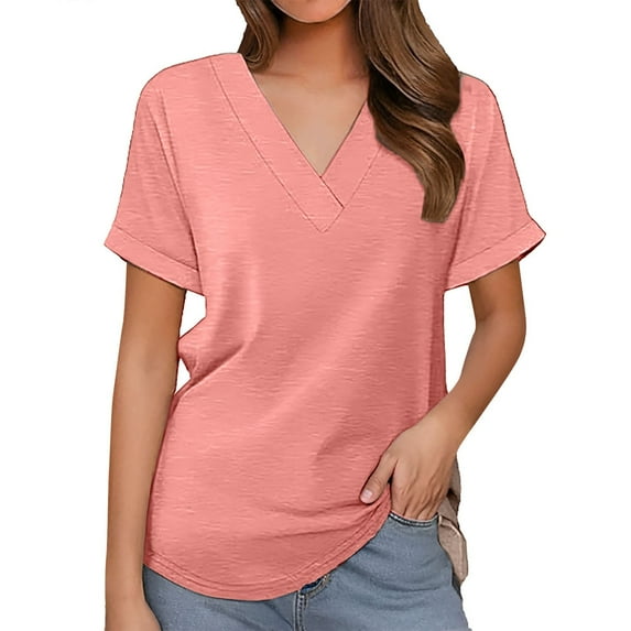 MIXUE Boho Tops For Women Summer Solid Color V Neck Short Sleeve Trendy Casual Pullover Shirts For Women Tshirts Outwear,Red,M