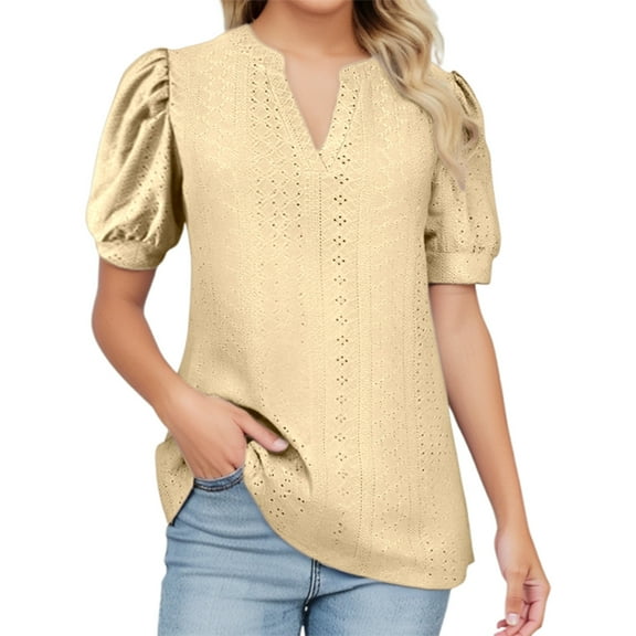 MIXUE Boho Tops For Women Summer Solid Color V Neck Short Sleeve Trendy Slim Fit Casual Tee Shirts Holiday Wear,Yellow,L
