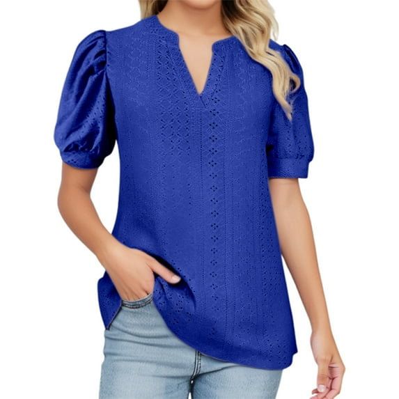 MIXUE Boho Tops For Women Summer Solid Color V Neck Short Sleeve Trendy Slim Fit Casual Tshirts Streetwear,Blue,S