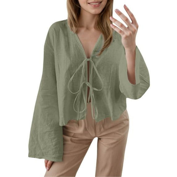 MIXUE Boho Tops For Women Summer Solid Color V Neck Tie Front Puff Sleeve Lace Up Pullover Shirts For Women Tshirts Activewear,Green,XXL