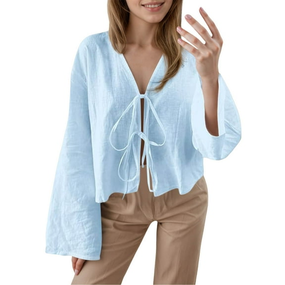 MIXUE Boho Tops For Women Summer Solid Color V Neck Tie Front Puff Sleeve Lace Up Pullover Shirts For Women Tshirts Streetwear,Blue,M