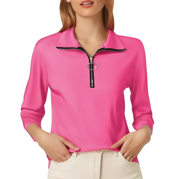 MIXUE Boho Tops For Women Summer Solid Color V Neck Zipper Long Sleeve Fashion Casual T-shirts Activewear,Pink,XL