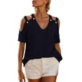 thumbnail image 1 of MIXUE Boho Tops For Women Summer Striped Print Solid Color V Neck Off Shoulder Short Sleeve Sexy Fashion T Shirts Daily-Wear,Black,M, 1 of 6