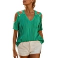 thumbnail image 1 of MIXUE Boho Tops For Women Summer Striped Print Solid Color V Neck Off Shoulder Short Sleeve Sexy Fashion T Shirts Holiday Wear,Green,L, 1 of 6