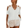 thumbnail image 1 of MIXUE Boho Tops For Women Summer Striped Print Solid Color V Neck Off Shoulder Short Sleeve Sexy Fashion T-shirts Activewear,White,S, 1 of 6