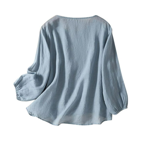 MIXUE Boho Tops For Women Autumn Winter Bohemian Solid Color Floral Embroidered Crew Neck Long Sleeve Loose Casual Retro Shirts For Women Tee Shirts Streetwear,Blue,XXL