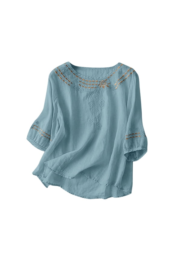 Boho Tops For Women Autumn Winter Linen Embroidered Solid Color Crew Neck Short Sleeve Loose Casual Shirts For Women T Shirts Holiday Wear,Blue,L
