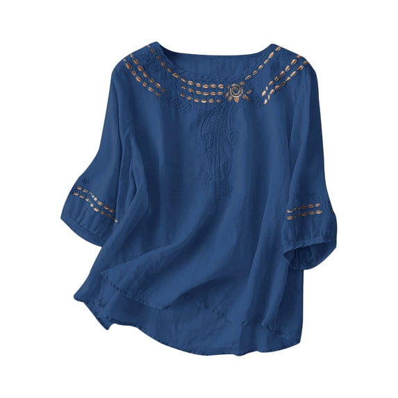 MIXUE Boho Tops For Women Autumn Winter Linen Embroidered Solid Color Crew Neck Short Sleeve Loose Casual Shirts For Women Tee Shirts Streetwear,Blue,M