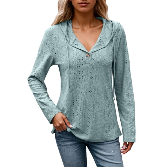 MIXUE Boho Tops For Women Autumn Winter Solid Color V Neck Hooded Button Down Long Sleeve Casual Pullover Shirts For Women Tee Shirts Holiday Wear,Green,XXL