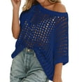 thumbnail image 1 of MIXUE Boho Tops For Women Summer Knit Hollow Out Solid Color Sexy Off Shoulder Short Sleeve Beach Fashion Casual Pullover Shirts For Women T-shirts Outwear,Blue,XL, 1 of 6
