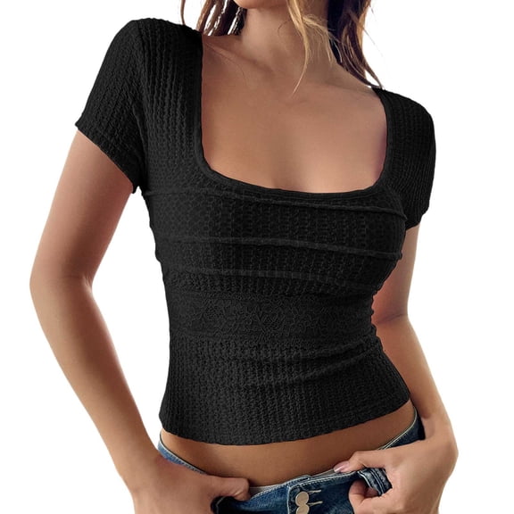 MIXUE Boho Tops For Women Summer Knitted Solid Color Square Collar Short Sleeve Casual Slim Fit Basic Pullover Shirts For Women Tee Shirts Holiday Wear,Black,S