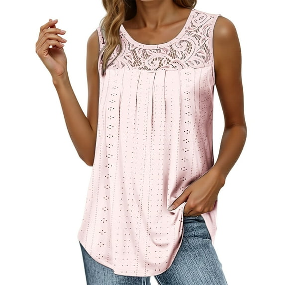 MIXUE Boho Tops For Women Summer Solid Color Lace Round Neck Sleeveless Fashion Casual Basic Soft Pullover Shirts For Women T Shirts Sportswear,Pink,L
