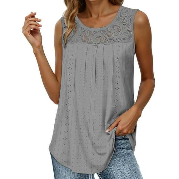MIXUE Boho Tops For Women Summer Solid Color Lace Round Neck Sleeveless Fashion Casual Basic Soft Pullover Shirts For Women Tee Shirts Holiday Wear,Gray,S