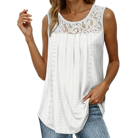 MIXUE Boho Tops For Women Summer Solid Color Lace Round Neck Sleeveless Fashion Casual Basic Soft Pullover Shirts For Women Tee Shirts Sportswear,White,XXL
