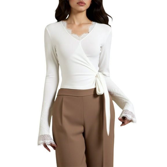 MIXUE Boho Tops For Women Summer Solid Color Lace V Neck Long Sleeve Hollow Trendy Casual Yoga Sports Pullover Shirts For Women Tee Shirts Sportswear,White,M