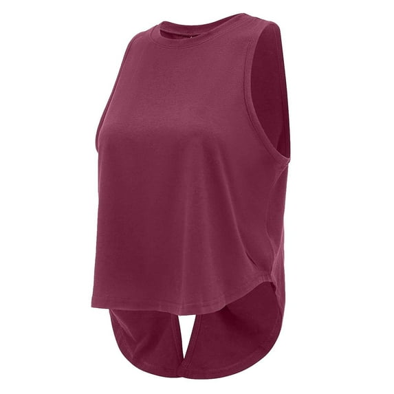MIXUE Boho Tops For Women Summer Solid Color Round Neck Sleeveless Hollowed Out Yoga Loose Sports Vest Pullover Shirts For Women T Shirts Holiday Wear,Red,S