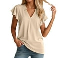 thumbnail image 1 of MIXUE Boho Tops For Women Summer Solid Color V Neck Short Sleeve Ruffled Casual Camisole Basic Soft Pullover Shirts For Women T-shirts Outwear,Beige,XXL, 1 of 5