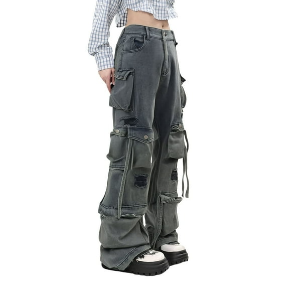 MIXUE Cargo Pants Women Solid Color Baggy Jeans Cargo Jeans Casual High Waist Baggy Denim Cargo With Pockets Trousers Womens Pants Outwear,Black,L