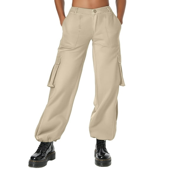 MIXUE Cargo Pants Women Solid Color High Waist Loose Fit Casual Wide Leg Stretchy Hiking Trousers Womens Pants Outwear,Beige,S