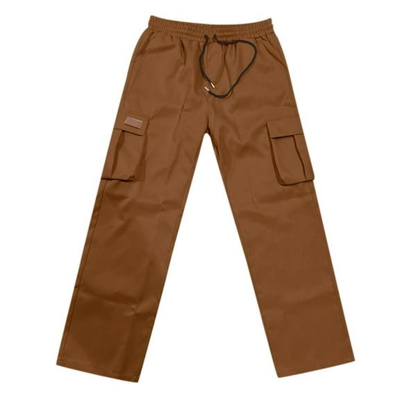 MIXUE Cargo Pants for Men Solid Color Casual Legging Drawstring Elastic Waist Pocket Trousers Outwear,Brown,L
