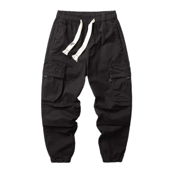MIXUE Cargo Pants for Men Solid Color Spring Fall Workwear Retro Zipper Pocket Loose Drawstring Trousers Outwear,Black,S