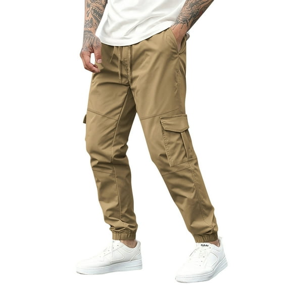 MIXUE Cargo Pants for Men Solid Color Spring Summer Fashion Casual Bundle Foot Pocket Casual Panty Trousers Outwear,Brown,M