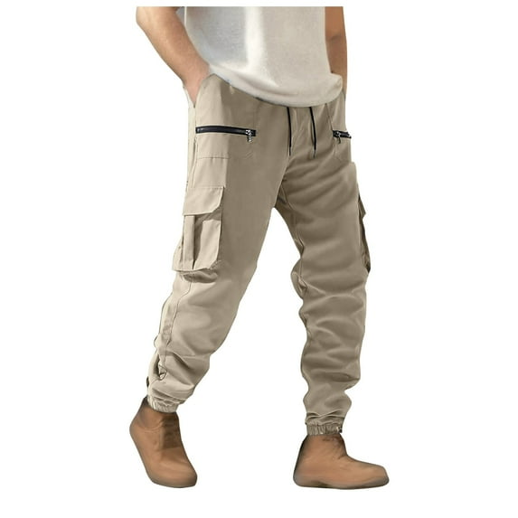 MIXUE Cargo Pants for Men Solid Color Zipper With Large Pocket Casual Loose Trendy Comfortable Busine Sport Trousers Outwear,Brown,XXL