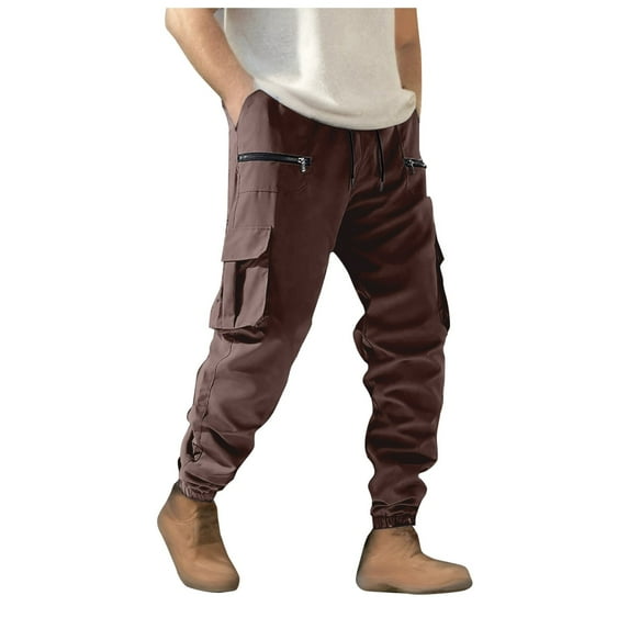 MIXUE Cargo Pants for Men Solid Color Zipper With Large Pocket Casual Loose Trendy Comfortable Busine Sport Trousers Streetwear,Gold,M