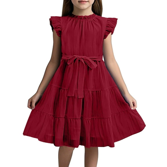 MIXUE Girls Casual Dresses Juniors Summer Chiffon Solid Color Crew Neck Ruffle Sleeveless Elegant A Line Party Dress Holiday Wear,Red,15-16 Years