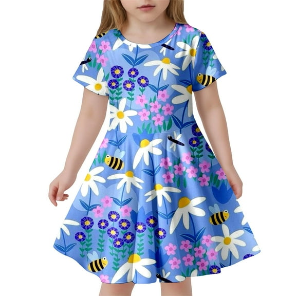 MIXUE Girls Casual Dresses Kids Summer Bee Festival Floral Print Crew Neck Short Sleeve A Line Slim Dress Outwear,Purple,8-9 Years