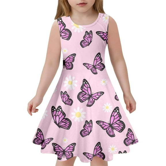MIXUE Girls Casual Dresses Kids Summer Butterfly Print Round Neck Sleeveless Elastic Casual Outdoor A Line Dress Activewear,Pink,8-9 Years
