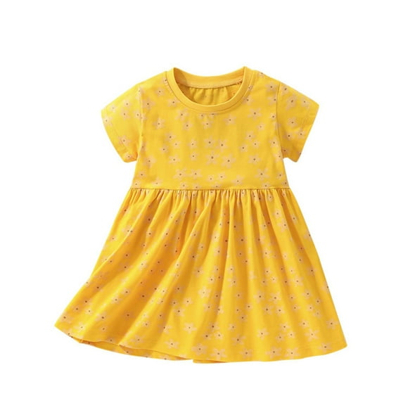 MIXUE Girls Casual Dresses Kids Summer Dots Print Round Neck Short Sleeve Elastic Waist Beach A Line Dress Daily-Wear,Yellow,6-7 Years