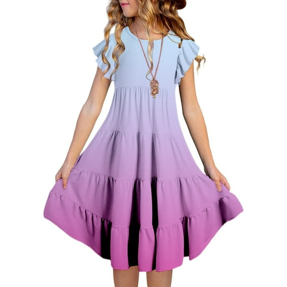 MIXUE Girls Casual Dresses Kids Summer Gradient Print Round Neck Ruffle Short Sleeve A Line Slim Casual Dress Beachwear,Purple,6-7 Years