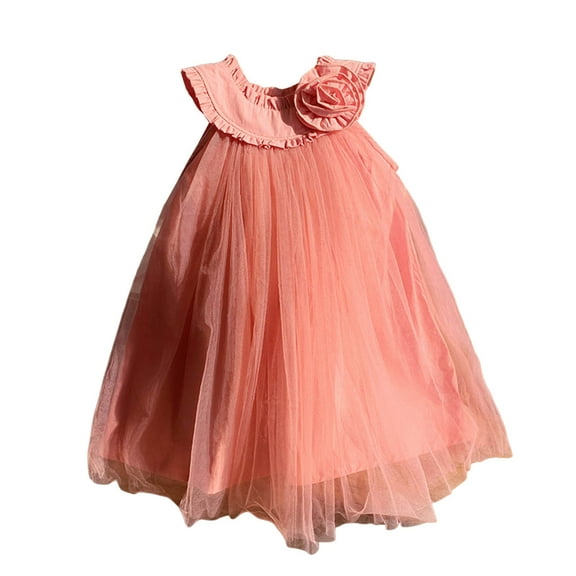 MIXUE Girls Casual Dresses Kids Summer Solid Color Round Neck Ruffled Sleeveless A Line Mesh Dance Princess Dress Beachwear,Pink,5-6 Years