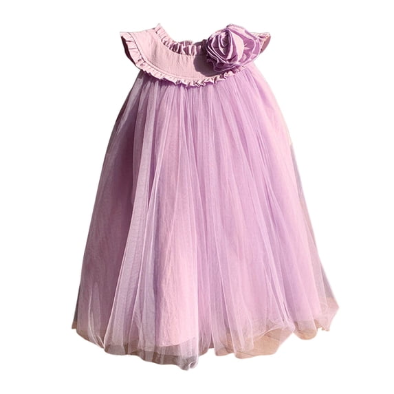 MIXUE Girls Casual Dresses Kids Summer Solid Color Round Neck Ruffled Sleeveless A Line Mesh Dance Princess Dress Beachwear,Purple,5-6 Years