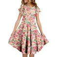 thumbnail image 1 of MIXUE Girls Casual Dresses Summer Floral Print Round Neck Short Sleeve Beach Outdoor Comfortable Loose Casual A Line Dress Daily-Wear,Pink,12-13 Years, 1 of 6