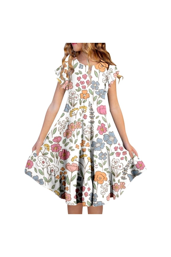 Girls Casual Dresses Summer Floral Round Neck Short Sleeve Beach Outdoor Casual A Line Dress Activewear,White,12-13 Years