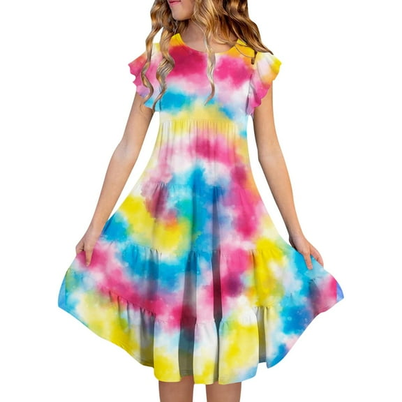 MIXUE Girls Casual Dresses Summer Gradient Print Round Neck Sleeveless Fashion Slim Midi A Line Dress Beachwear,Pink,12-13 Years