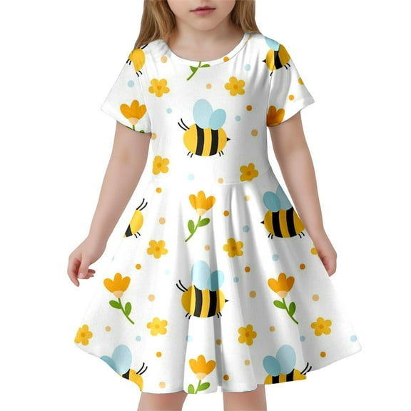 MIXUE Girls Casual Dresses Tween Summer Cute Bee Festival Print Crew Neck Short Sleeve Slim A Line Casual Dress Daily-Wear,White,10-13 Years