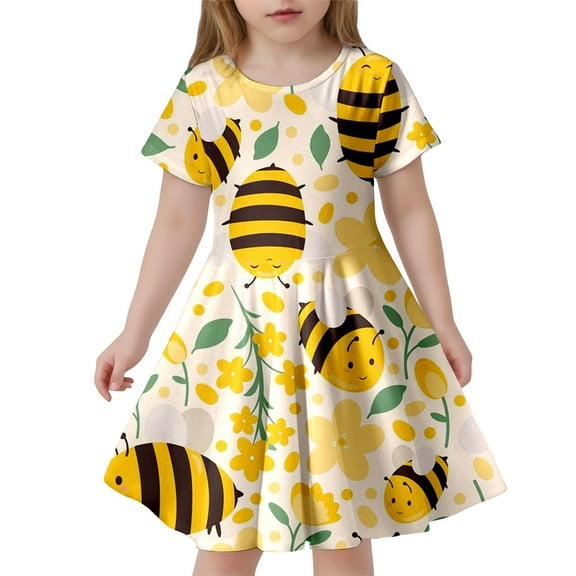 MIXUE Girls Casual Dresses Tween Summer Cute Bee Festival Print Crew Neck Short Sleeve Slim A Line Casual Dress Holiday Wear,Yellow,10-13 Years