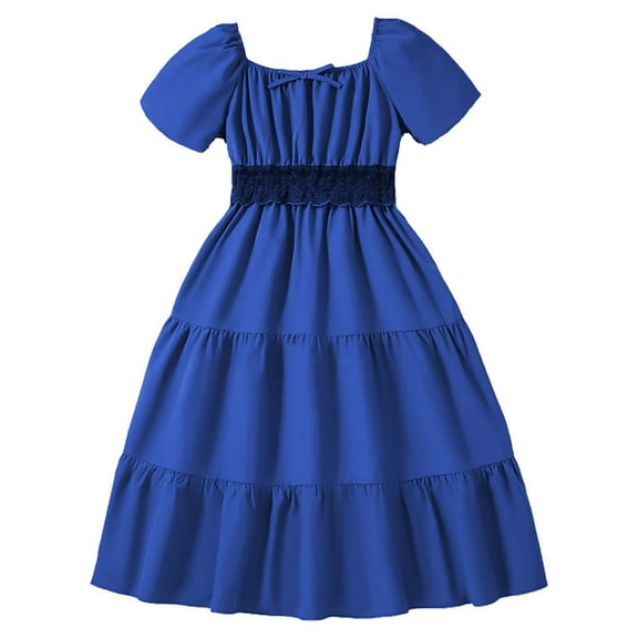 MIXUE Girls Casual Dresses Tween Summer Solid Color Square Collar Short Sleeve A Line Slim Maxi Dress Streetwear,Blue,11-12 Years
