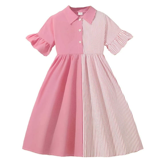 MIXUE Girls Casual Dresses Tween Summer Striped Color Block Print Lapel Short Sleeve Slim A Line Casual Dress Daily-Wear,Red,10-11 Years