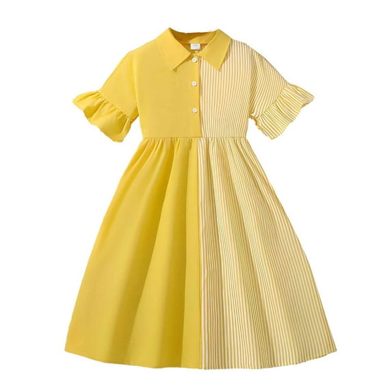MIXUE Girls Casual Dresses Tween Summer Striped Color Block Print Lapel Short Sleeve Slim A Line Casual Dress Outwear,Yellow,10-11 Years