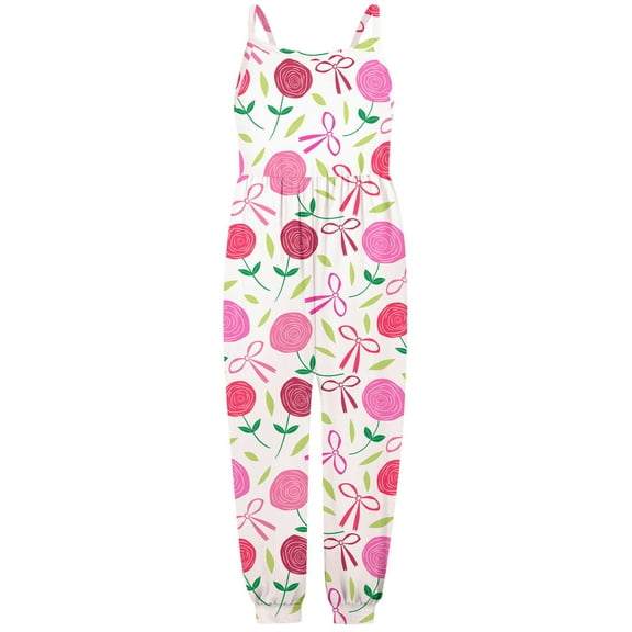 MIXUE Girls Jumpsuits & Rompers Kids Summer Floral Print Spaghetti Strap Sleeveless Overalls Bodysuits Holiday Wear,Pink,7-8 Years