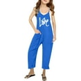 thumbnail image 1 of MIXUE Girls Jumpsuits & Rompers Kids Summer Letter Print Spaghetti Strap V Neck Sleeveless Bodysuits With Pockets Loose Casual Streetwear,Blue,5-6 Years, 1 of 5