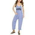 thumbnail image 1 of MIXUE Girls Jumpsuits & Rompers Kids Summer Letter Print Spaghetti Strap V Neck Sleeveless Loose Bodysuits With Pockets Streetwear,Blue,5-6 Years, 1 of 5