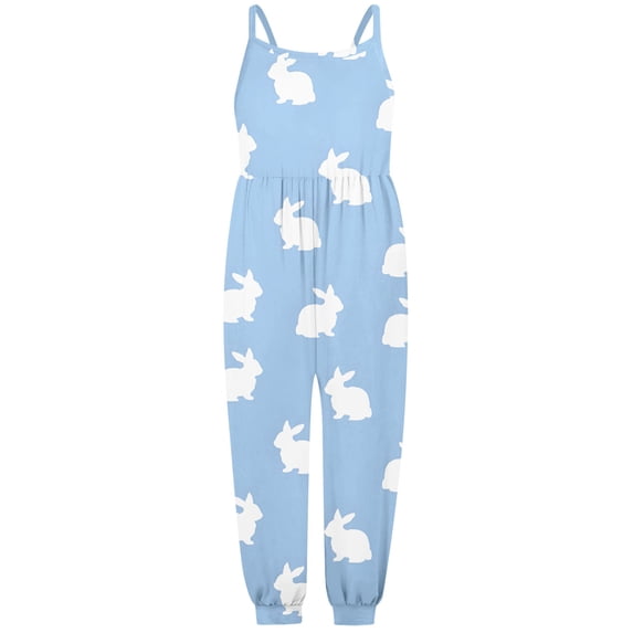 MIXUE Girls Jumpsuits & Rompers Kids Summer Rabbit Print Spaghetti Strap Sleeveless Overalls Bodysuits Daily-Wear,Blue,7-8 Years