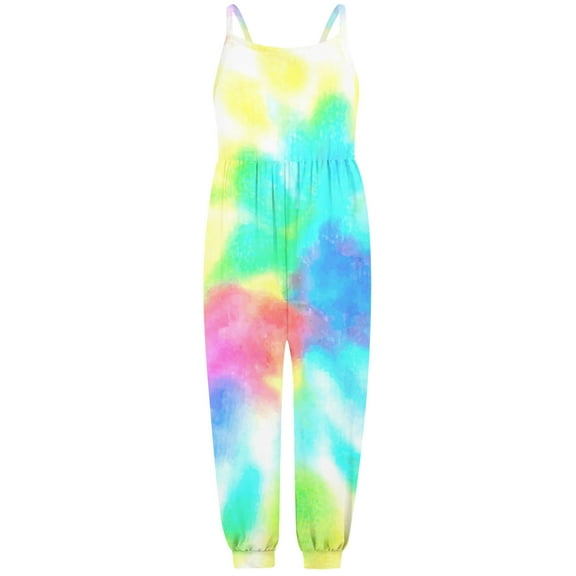MIXUE Girls Jumpsuits & Rompers Kids Summer Tie Dye Print Spaghetti Strap Sleeveless Overalls Bodysuits Streetwear,Multicolor,7-8 Years