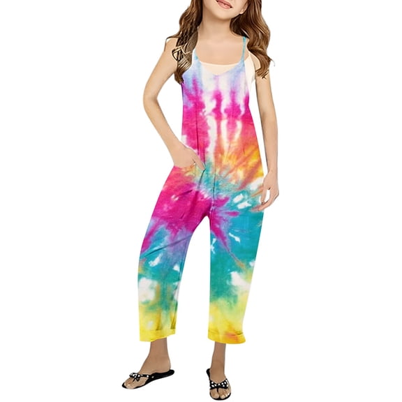 MIXUE Girls Jumpsuits & Rompers Kids Summer Tie Dye Print Spaghetti Strap V Neck Sleeveless Loose Fit Casual With Pockets Bodysuits Daily-Wear,Pink,5-6 Years
