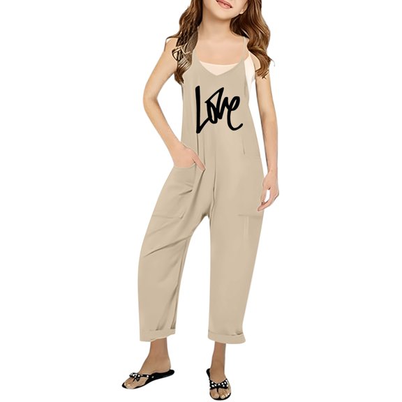 MIXUE Girls Jumpsuits & Rompers Summer Letter Print Spaghetti Strap V Neck Sleeveless Bodysuits With Pockets Loose Casual Outwear,Beige,13-14 Years